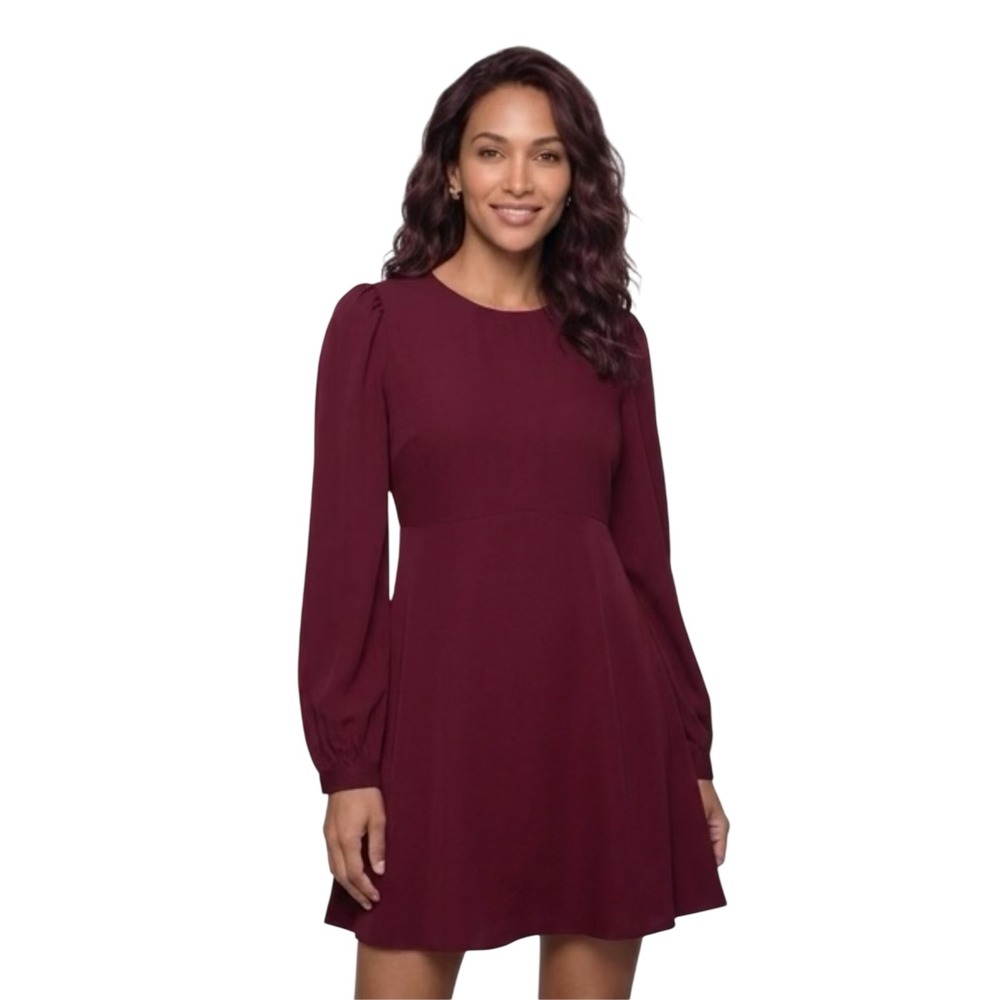 Lulus Burgundy Long Sleeve Mini Dress Empire Waist Bishop Sleeve Wine Red L